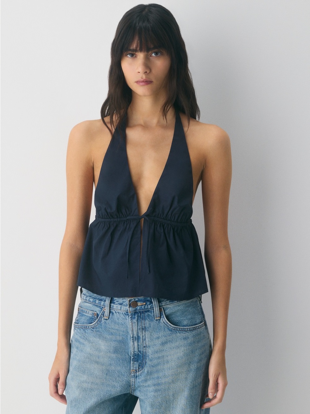 Aritzia Navy Halter Tie-Front Blouse